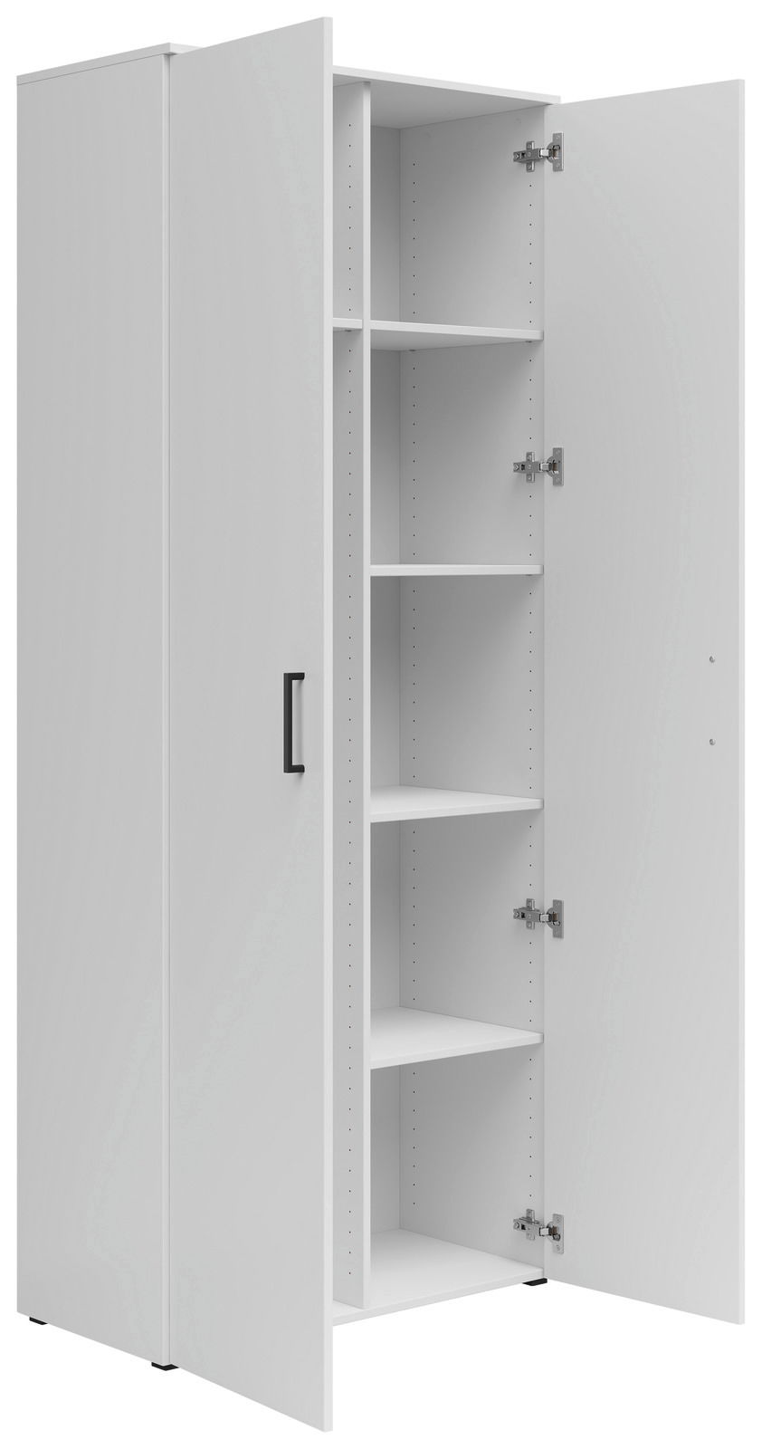 Weißer Mehrzweck-Vorratsschrank mit offenen Türen, seitliche Perspektive