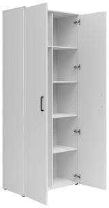 Weißer Mehrzweck-Vorratsschrank mit offenen Türen, seitliche Perspektive