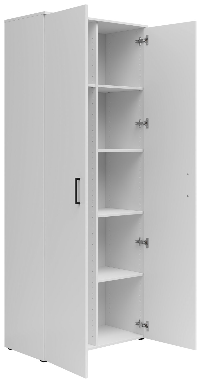 Weißer Mehrzweck-Vorratsschrank mit offenen Türen, seitliche Perspektive