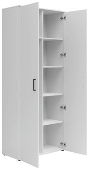 Weißer Mehrzweck-Vorratsschrank mit offenen Türen, seitliche Perspektive