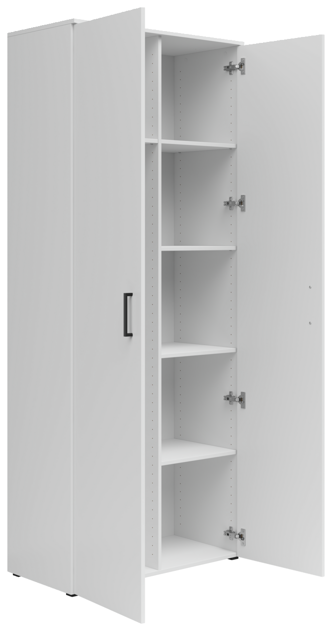 Weißer Mehrzweck-Vorratsschrank mit offenen Türen, seitliche Perspektive
