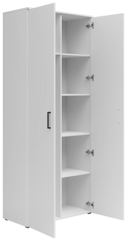 Weißer Mehrzweck-Vorratsschrank mit offenen Türen, seitliche Perspektive