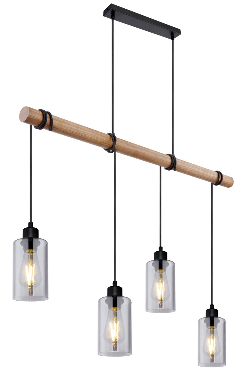 Globo Lighting Hängeleuchte HADERA Moderne Hängeleuchte mit vier Glühbirnen, hängend an einem Holzstab, seitliche Perspektive