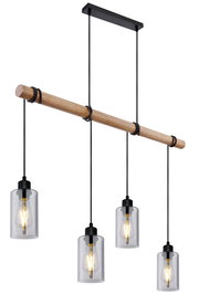 Moderne Hängeleuchte mit vier Glühbirnen, hängend an einem Holzstab, seitliche Perspektive