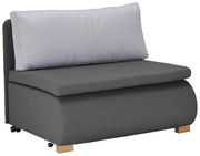 Grauer Funktionssessel mit hellgrauem Rückenkissen, seitliche Perspektive