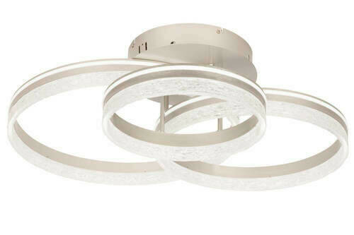 Moderne LED-Deckenleuchte mit drei ineinander verschlungenen Ringen, seitliche Perspektive