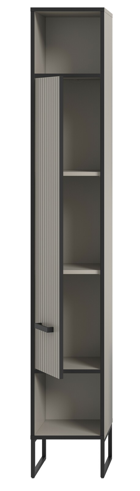 Moderner Hochschrank mit offenem Fach und teilweise geöffneter Tür, aus grauem Material mit schwarzen Akzenten, frontal betrachtet.