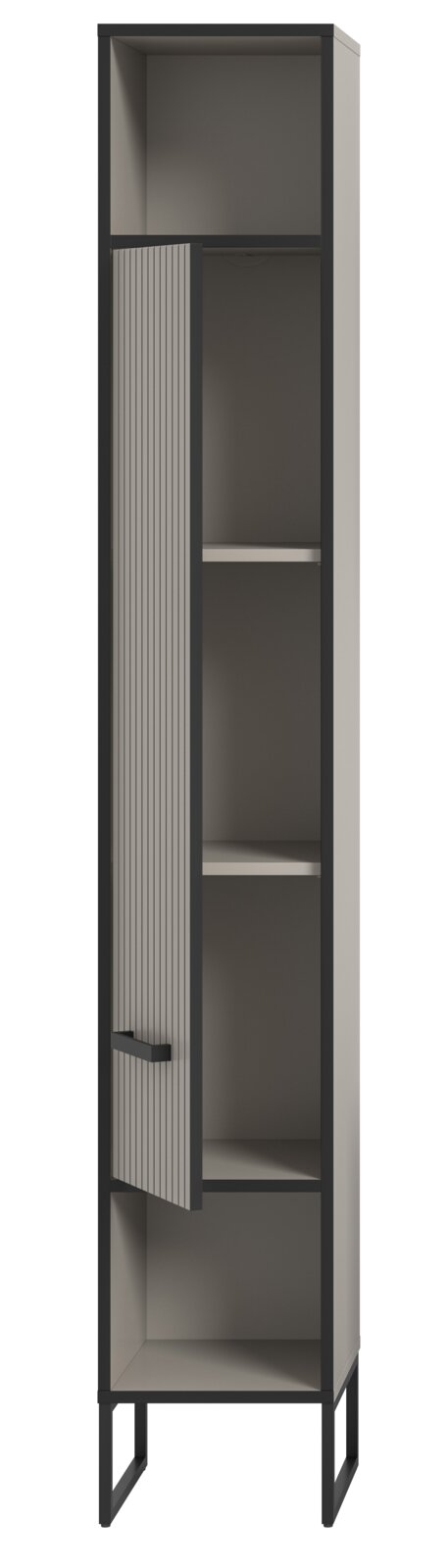 Moderner Hochschrank mit offenem Fach und teilweise geöffneter Tür, aus grauem Material mit schwarzen Akzenten, frontal betrachtet.