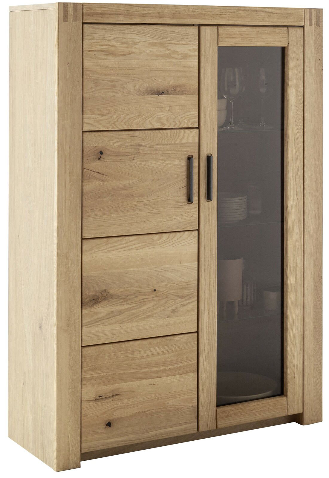 Hochwertiges Highboard aus Holz mit einer Kombination aus Schubladen und einer Glastür, seitliche Perspektive.