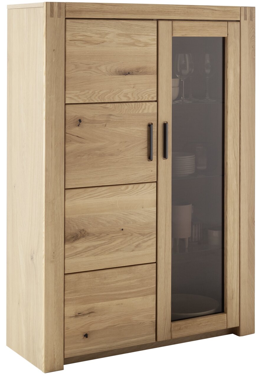 Hochwertiges Highboard aus Holz mit einer Kombination aus Schubladen und einer Glastür, seitliche Perspektive.