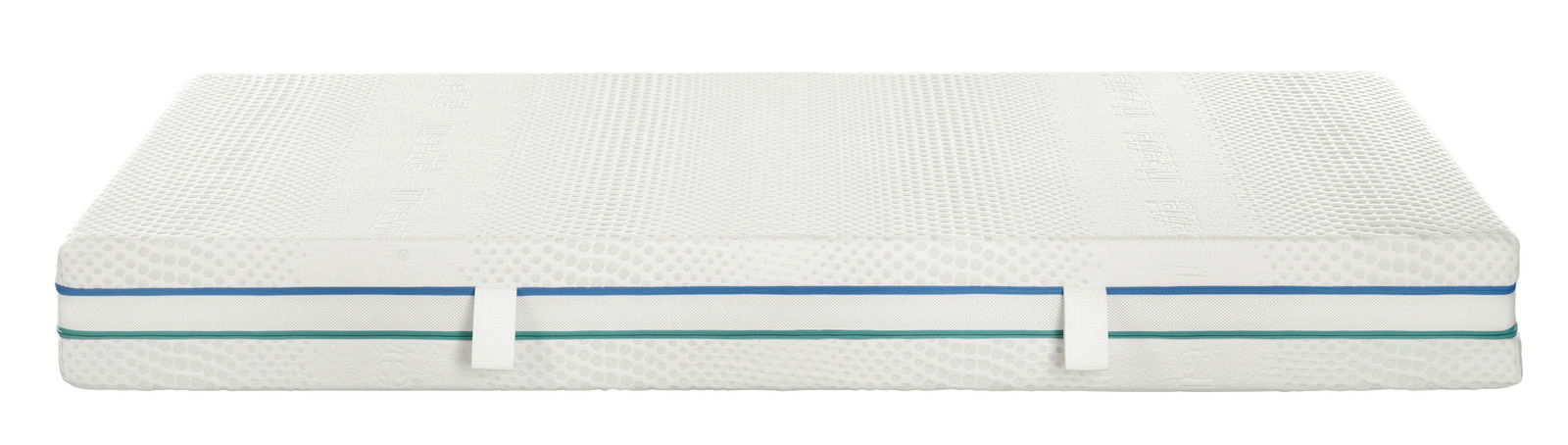 Seitenansicht einer weißen Matratze mit blauen und grünen Streifen, Modell 80x200 fest/extra fest