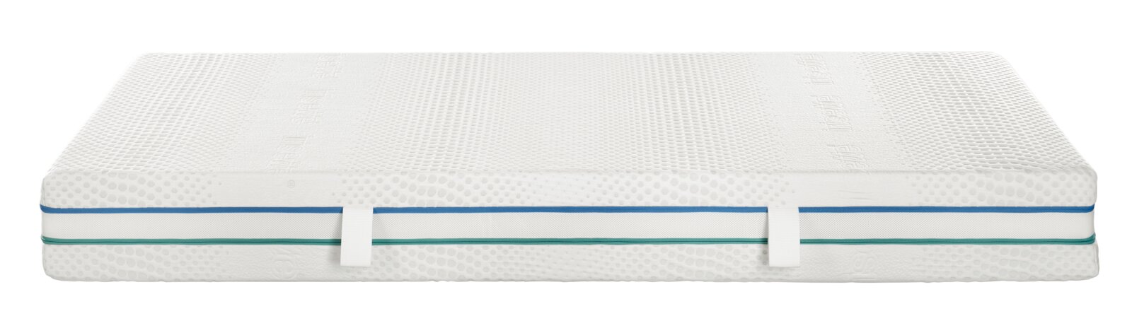 Seitenansicht einer weißen Matratze mit blauen und grünen Streifen, Modell 80x200 fest/extra fest