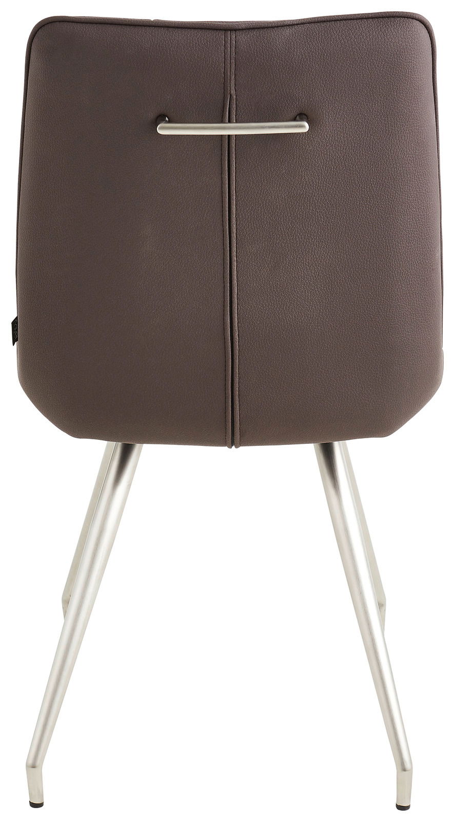 Rückansicht eines modernen Stuhls mit brauner Polsterung und silbernen Metallbeinen.