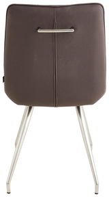 Rückansicht eines modernen Stuhls mit brauner Polsterung und silbernen Metallbeinen.