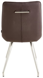 Rückansicht eines modernen Stuhls mit brauner Polsterung und silbernen Metallbeinen.