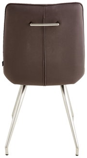 Rückansicht eines modernen Stuhls mit brauner Polsterung und silbernen Metallbeinen.