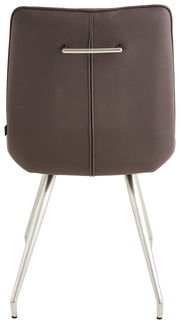 Rückansicht eines modernen Stuhls mit brauner Polsterung und silbernen Metallbeinen.