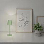 Minimalistisches gerahmtes Poster mit Linienzeichnung einer Berglandschaft, frontal aus leichter Seitenperspektive fotografiert; daneben eine grüne Tischlampe und eine Topfpflanze auf einem Regal.