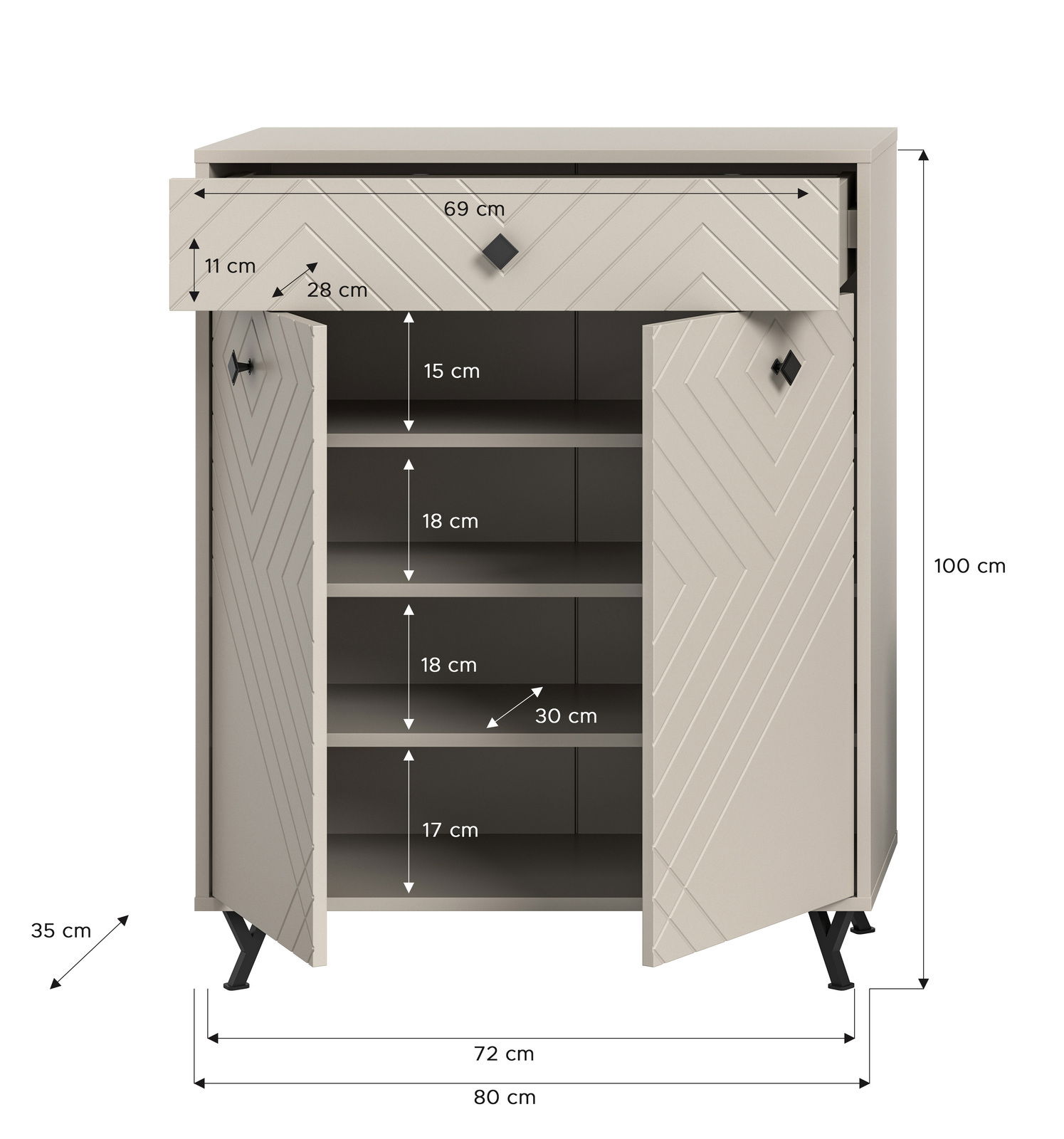 Schuhkommode mit geometrischem Muster, zwei Türen und einer Schublade, frontal abgebildet