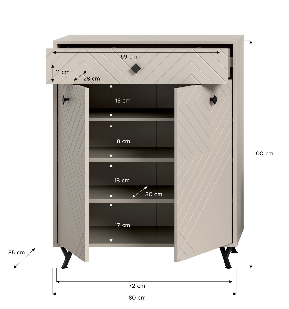 Schuhkommode mit geometrischem Muster, zwei Türen und einer Schublade, frontal abgebildet