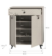 Schuhkommode mit geometrischem Muster, zwei Türen und einer Schublade, frontal abgebildet