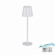 Weiße Akku-Tischleuchte EURIA mit konischem Schirm, seitliche Perspektive, IP54-Schutz gegen Spritzwasser.