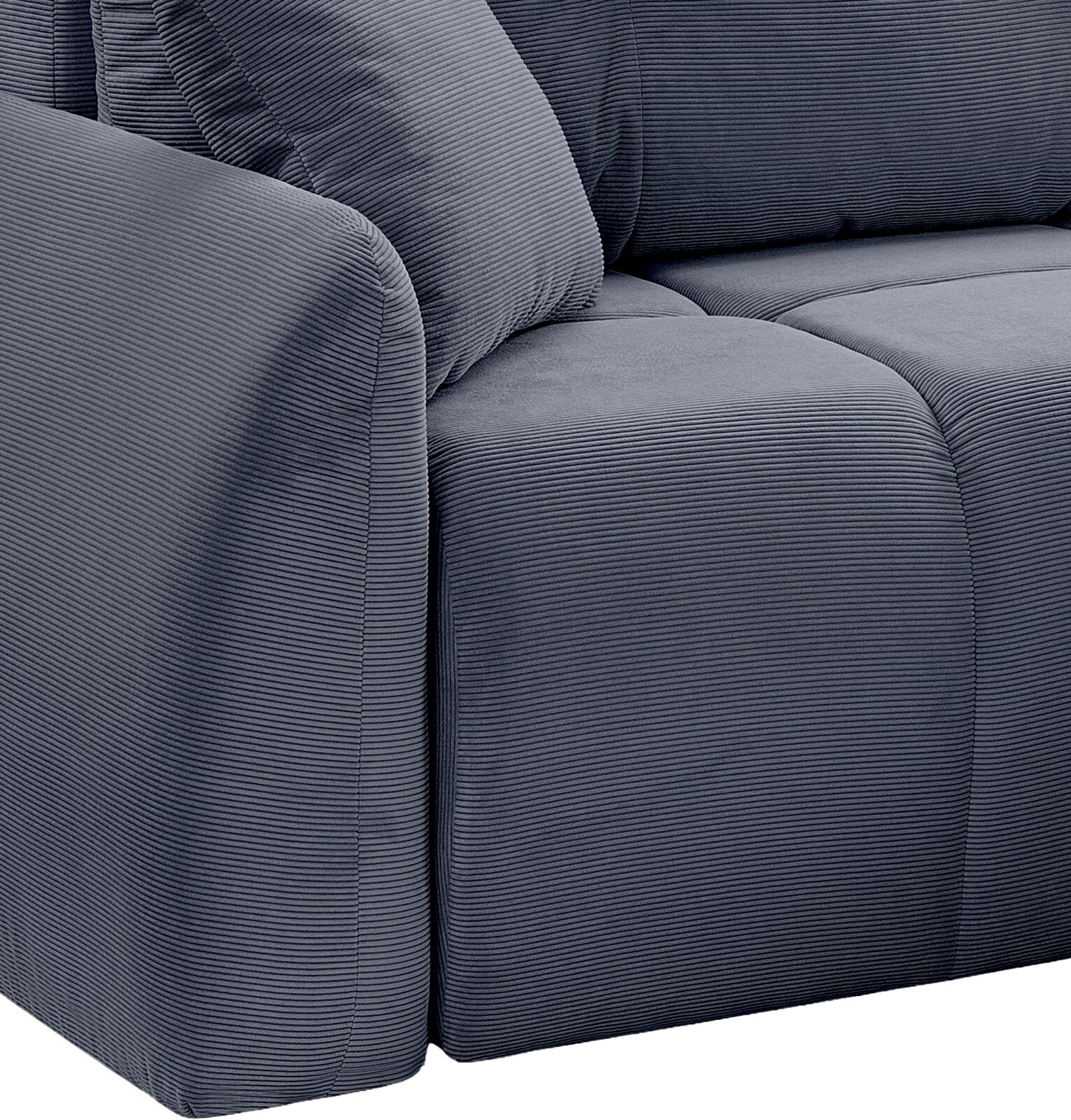 Nahaufnahme eines grauen Eckschlafsofas mit gerippter Textur, Ansicht von der rechten Seite.