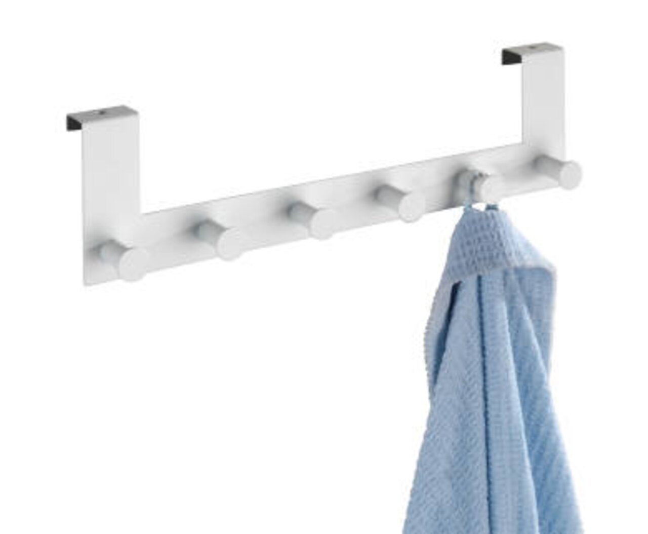 Wenko Türgarderobe CELANO Türgarderobe Celano aus Metall mit fünf Haken, an der ein blaues Handtuch hängt, seitliche Perspektive