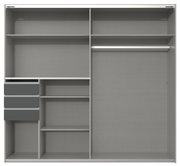 Innenansicht eines Schwebetürenschranks mit zwei Türen, mehreren Regalböden, Schubladen und einer Kleiderstange, frontal betrachtet.