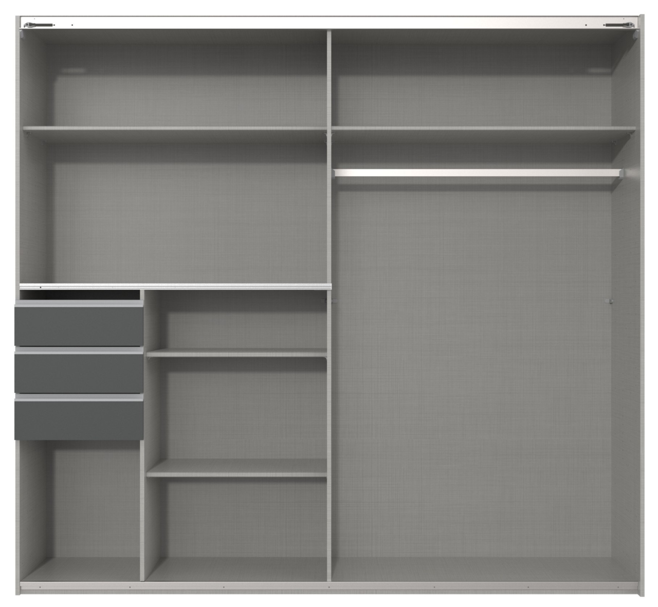 Innenansicht eines Schwebetürenschranks mit zwei Türen, mehreren Regalböden, Schubladen und einer Kleiderstange, frontal betrachtet.