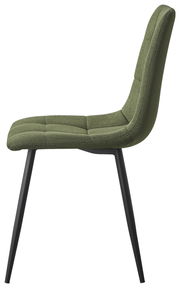 Moderner grüner Stuhl mit gepolsterter Sitzfläche und Rückenlehne, seitliche Ansicht