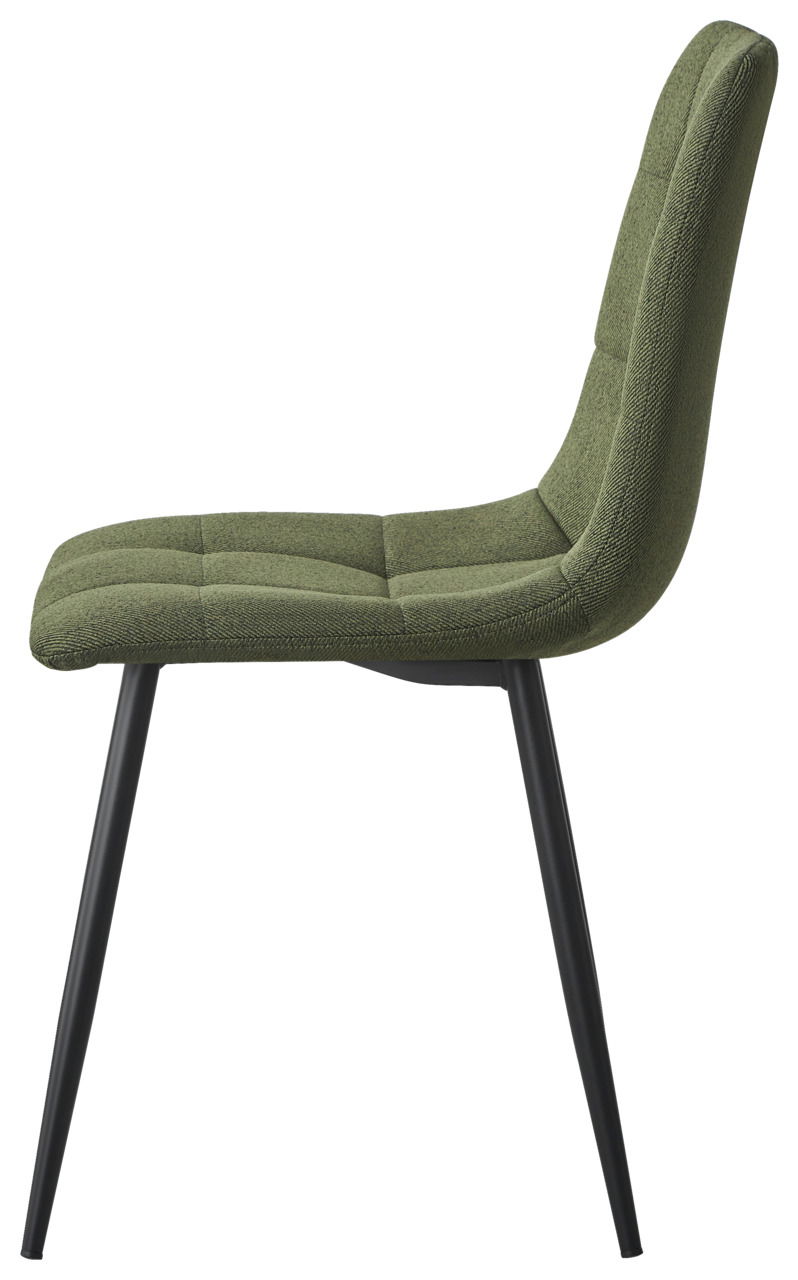 Moderner grüner Stuhl mit gepolsterter Sitzfläche und Rückenlehne, seitliche Ansicht