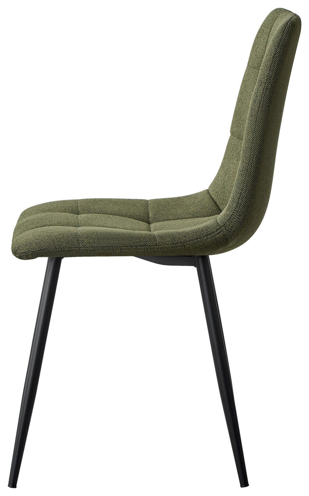 Moderner grüner Stuhl mit gepolsterter Sitzfläche und Rückenlehne, seitliche Ansicht