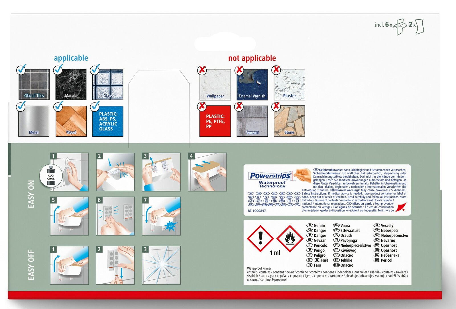 Rückseite einer Verpackung mit Anweisungen zur Anwendung von Powerstrips auf verschiedenen Oberflächen wie Fliesen, Marmor und Glas. Perspektive: Frontalansicht.