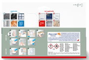 Achterkant van een verpakking met instructies voor het aanbrengen van Powerstrips op verschillende oppervlakken, zoals tegels, marmer en glas. Perspectief: vooraanzicht.