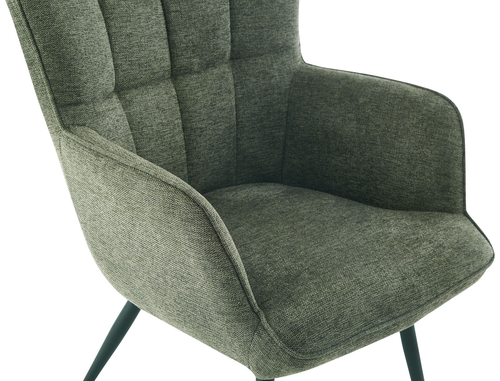 Grüner Sessel mit gepolsterter Rückenlehne und schrägen Beinen, seitliche Perspektive