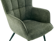 Grüner Sessel mit gepolsterter Rückenlehne und schrägen Beinen, seitliche Perspektive