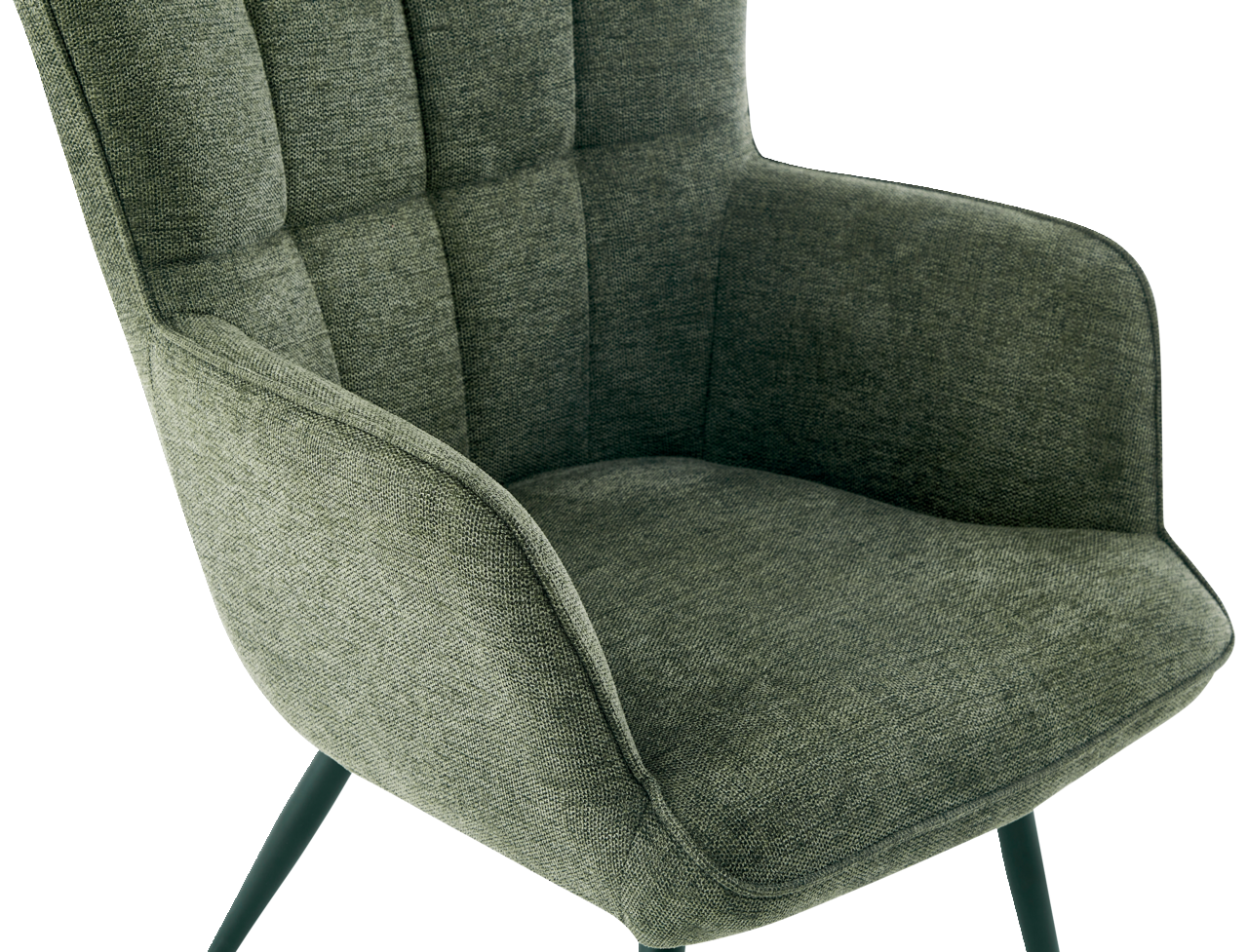 Grüner Sessel mit gepolsterter Rückenlehne und schrägen Beinen, seitliche Perspektive