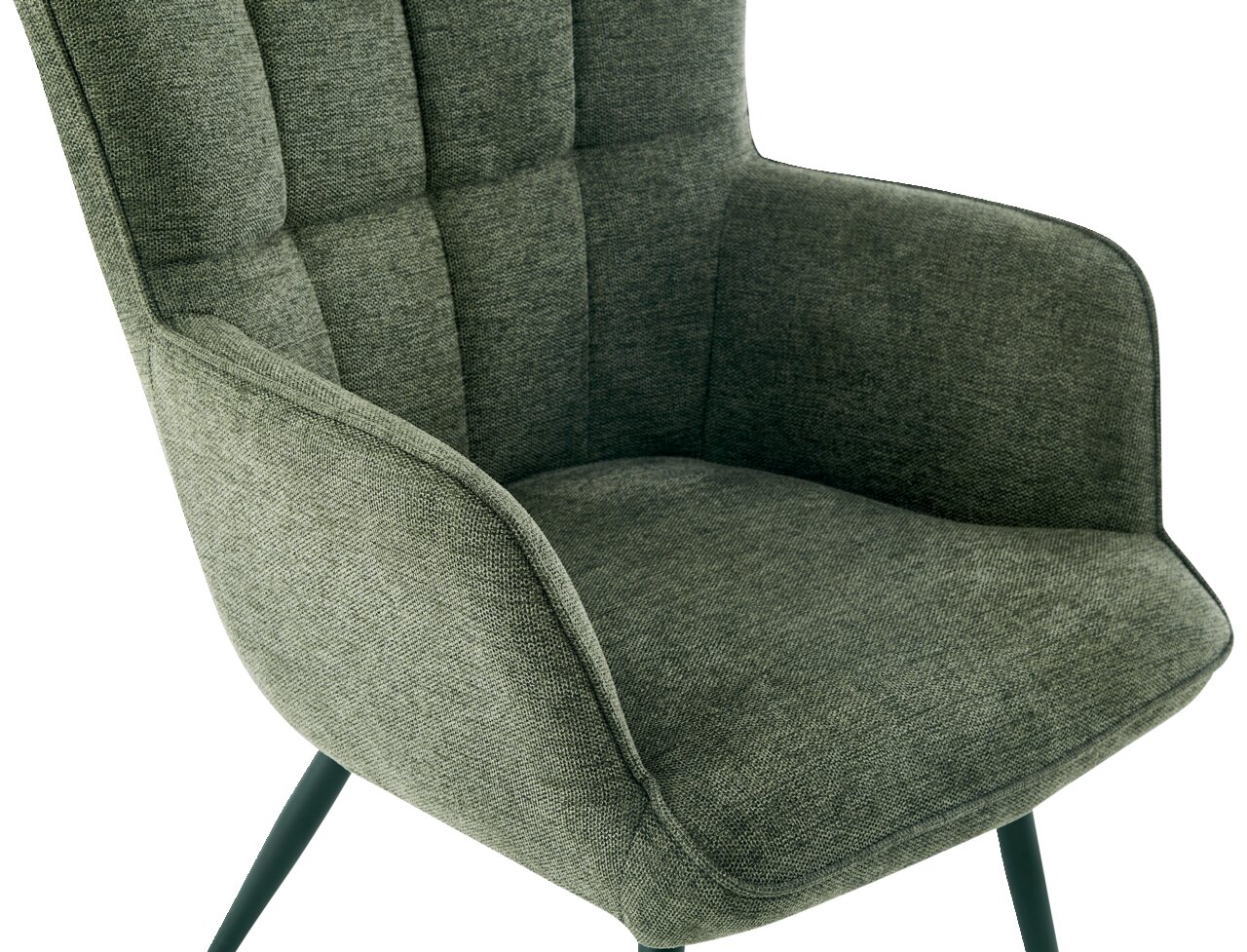 Grüner Sessel mit gepolsterter Rückenlehne und schrägen Beinen, seitliche Perspektive