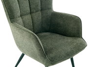 Grüner Sessel mit gepolsterter Rückenlehne und schrägen Beinen, seitliche Perspektive