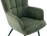 Groene fauteuil met gestoffeerde rugleuning en schuine poten, zijaanzicht