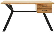 Moderner Schreibtisch aus Holz mit zwei Schubladen und schwarzen Metallbeinen, Frontalansicht.