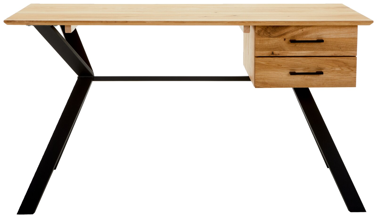Modern houten bureau met twee lades en zwarte metalen poten, gezien van voren.