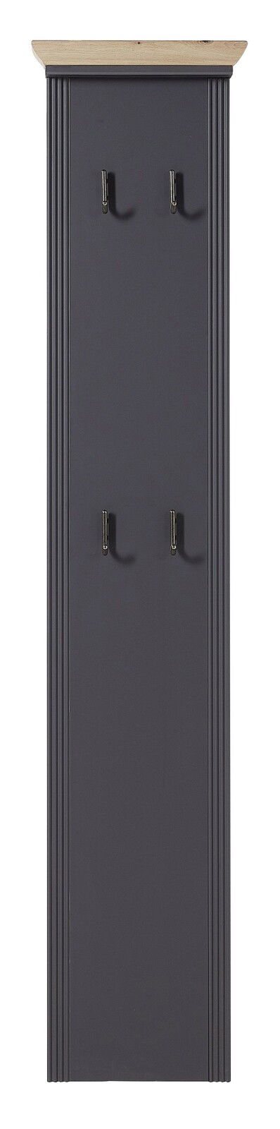 Landscape Garderobenpaneel schmal JUDITH Schmales Garderobenpaneel JUDITH in dunkler Farbe mit vier Haken und hellem Holzabschluss, Frontalansicht.