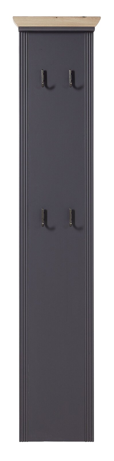 Landscape Garderobenpaneel schmal JUDITH Schmales Garderobenpaneel JUDITH in dunkler Farbe mit vier Haken und hellem Holzabschluss, Frontalansicht.