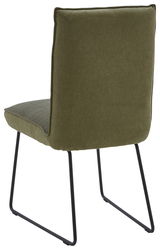Rückansicht eines modernen Stuhls mit olivgrünem Stoffbezug und schwarzen Metallbeinen.