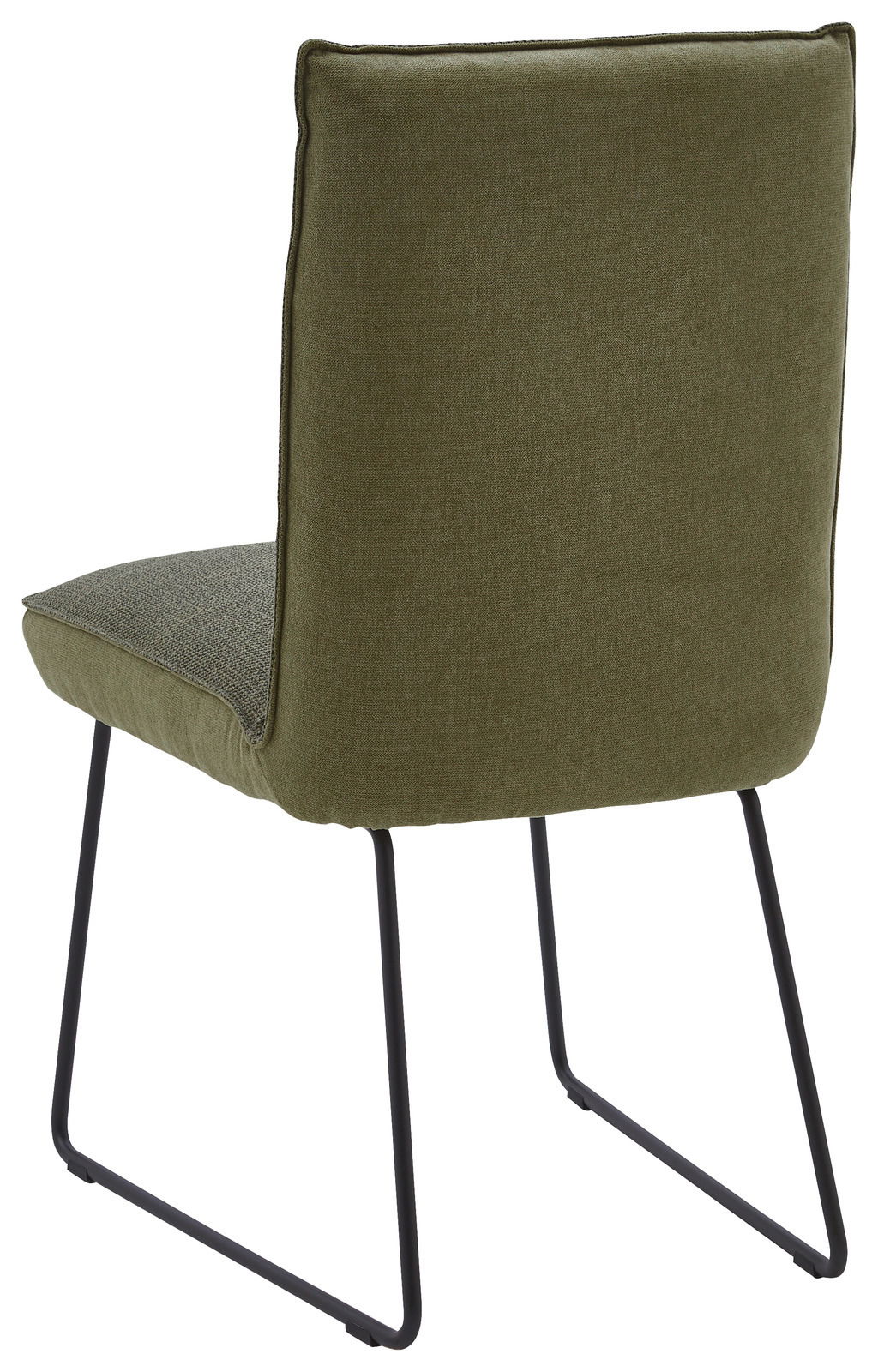 Rückansicht eines modernen Stuhls mit olivgrünem Stoffbezug und schwarzen Metallbeinen.