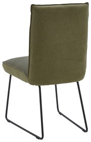Rückansicht eines modernen Stuhls mit olivgrünem Stoffbezug und schwarzen Metallbeinen.