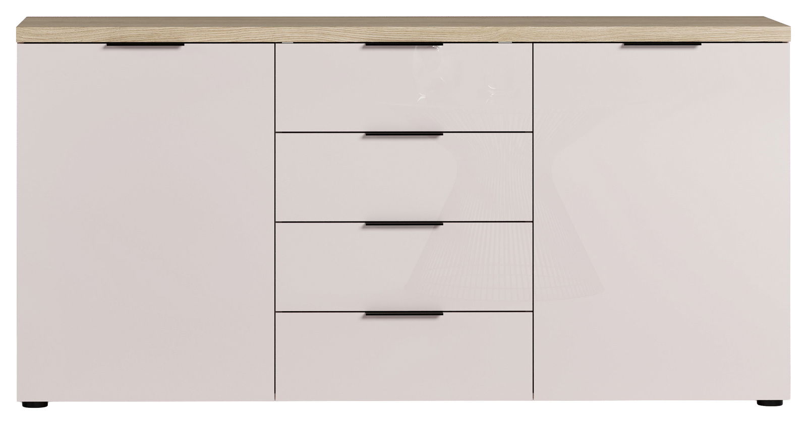 Modernes Sideboard mit hellem Holzdeckel und weißen Fronten, frontal betrachtet