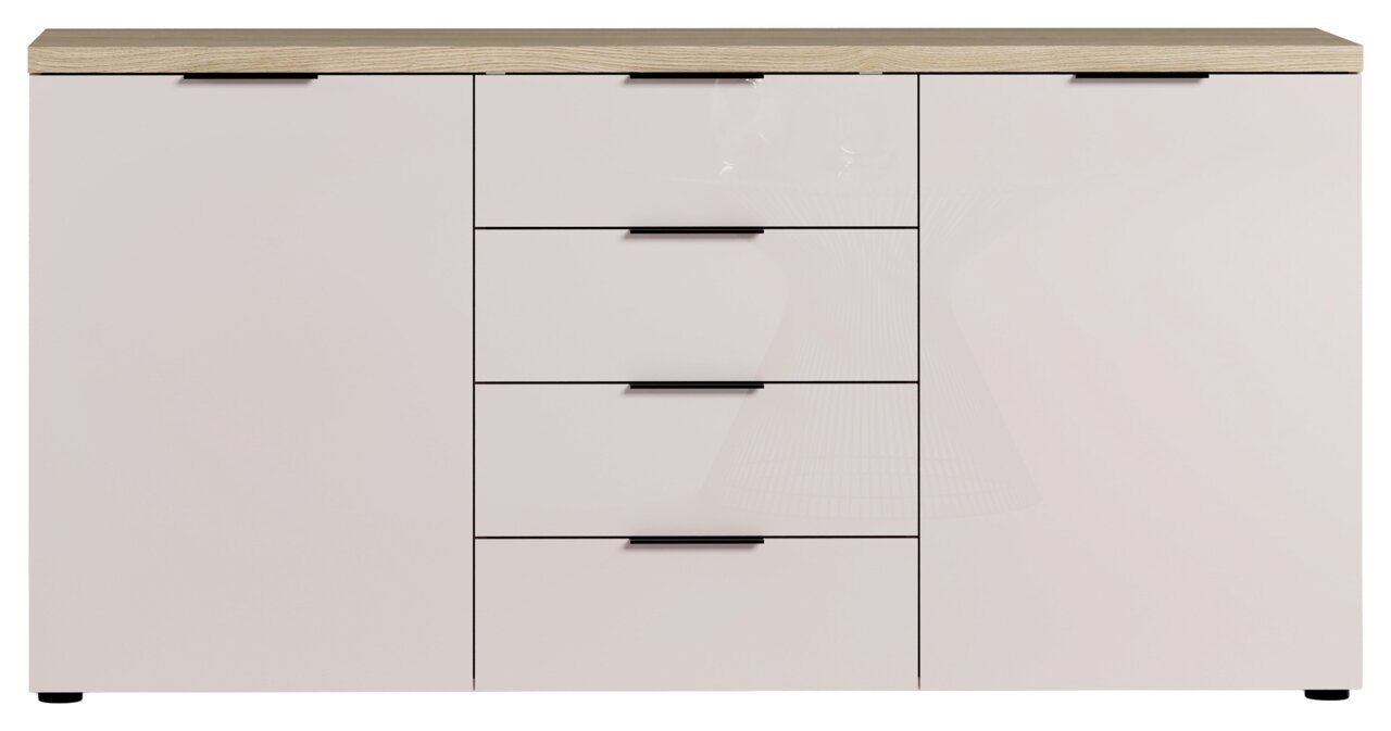Modernes Sideboard mit hellem Holzdeckel und weißen Fronten, frontal betrachtet